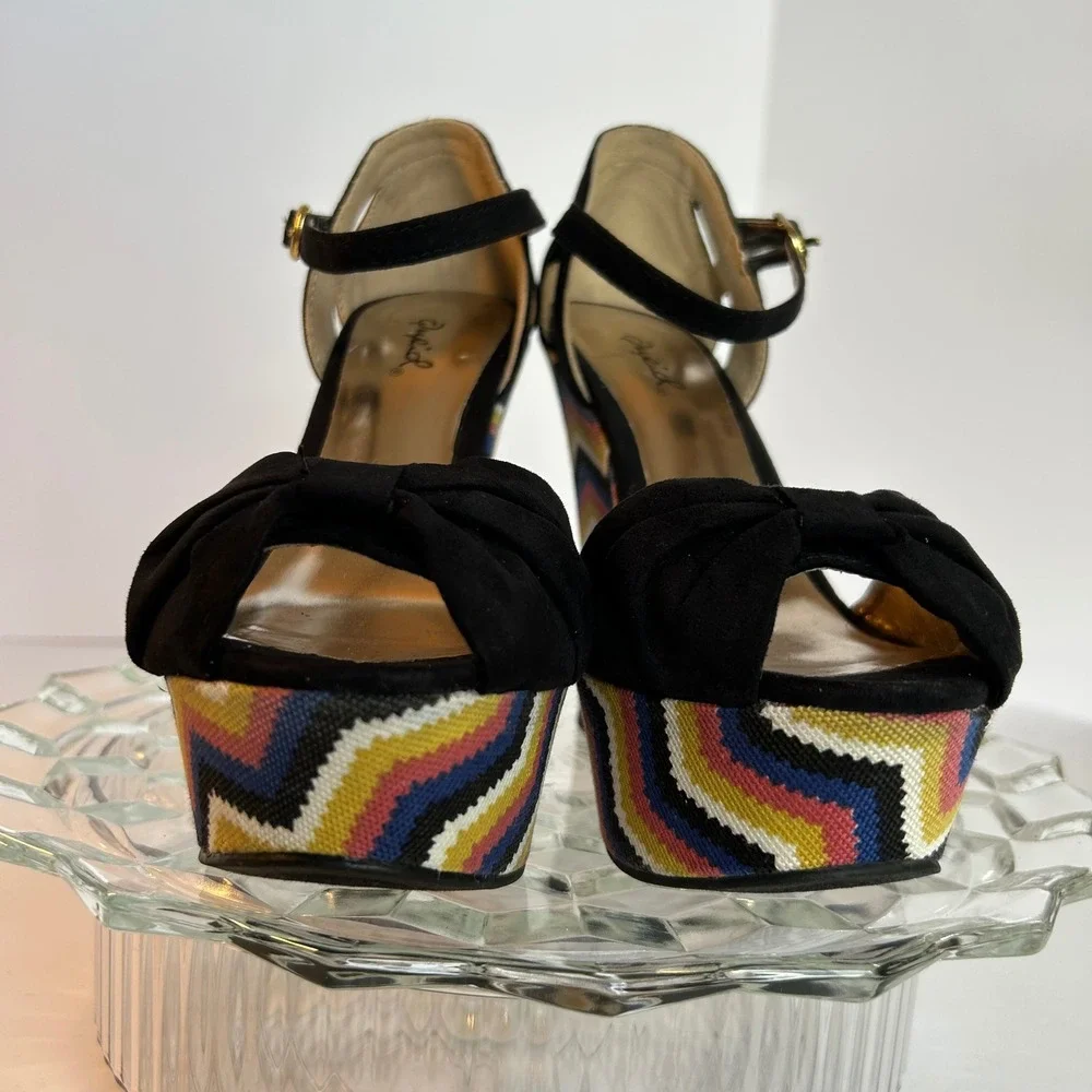 Qupid Platform Wedge Sandals Black Suede Bow Ankle Strap Multicolor‎ Zigzag